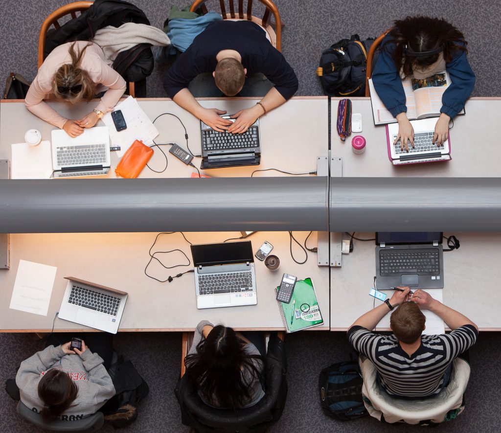 Overhead view of students studying in Stauffer.