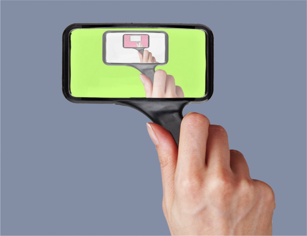 Hand holding a smart-phone shaped magnifying glass.